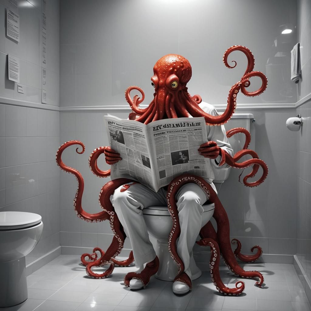 Octopus Reads Newspaper on Toilet: Photorealistic Art