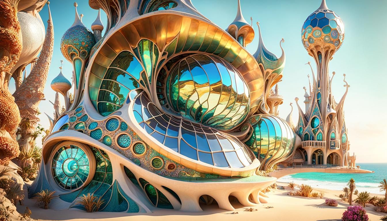 Futuristic Snail House on Alien Beach in Gaudi Style