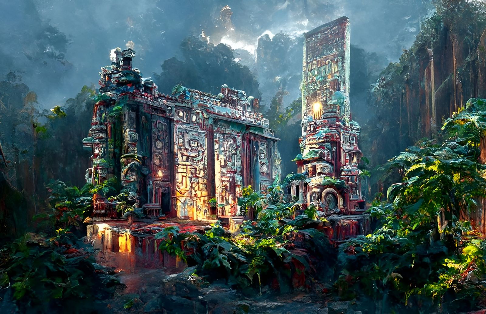 Advanced Mayan Jungle Temple in Neo-Noir Style