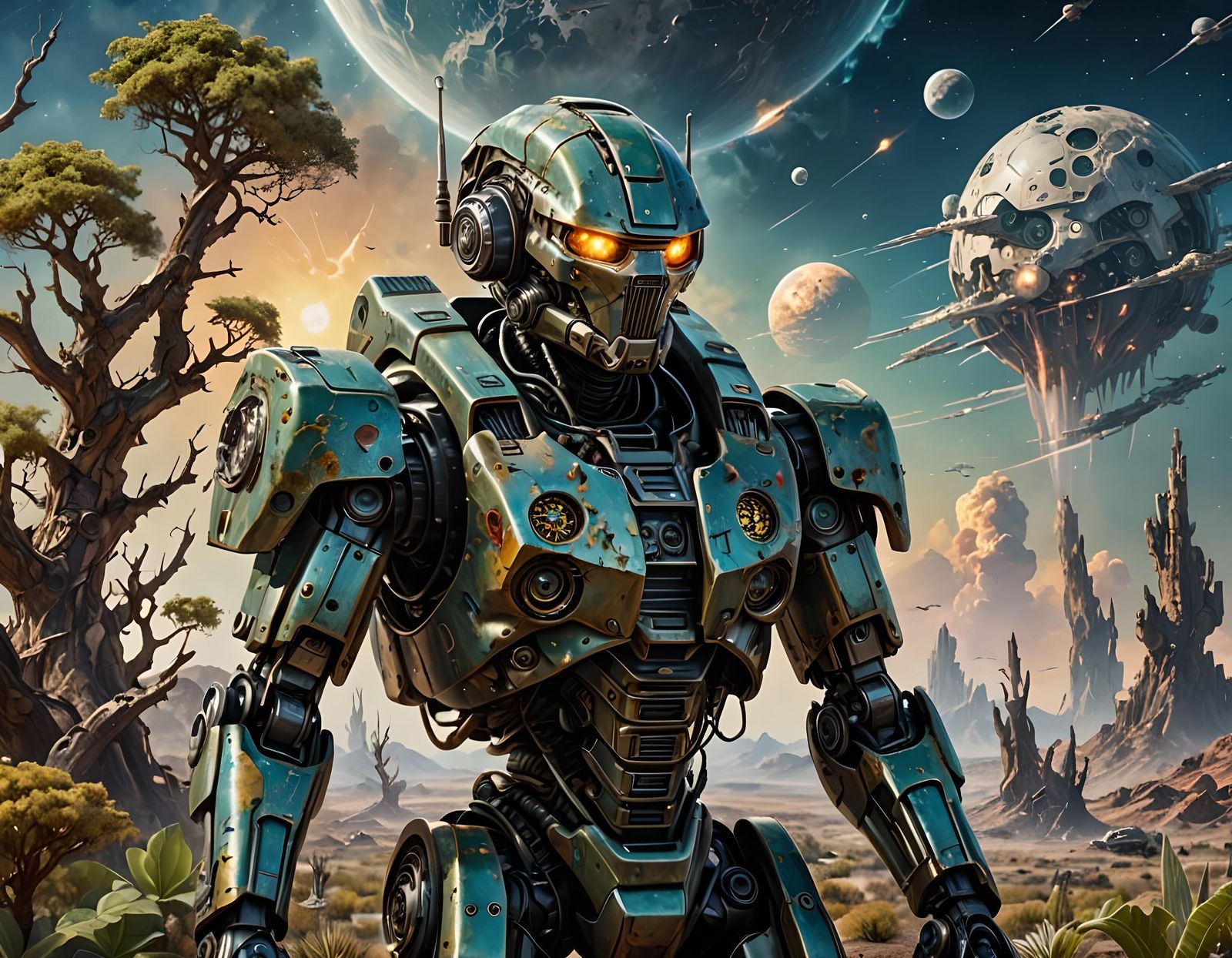 Robot Soldier in Post-Apocalyptic Landscape