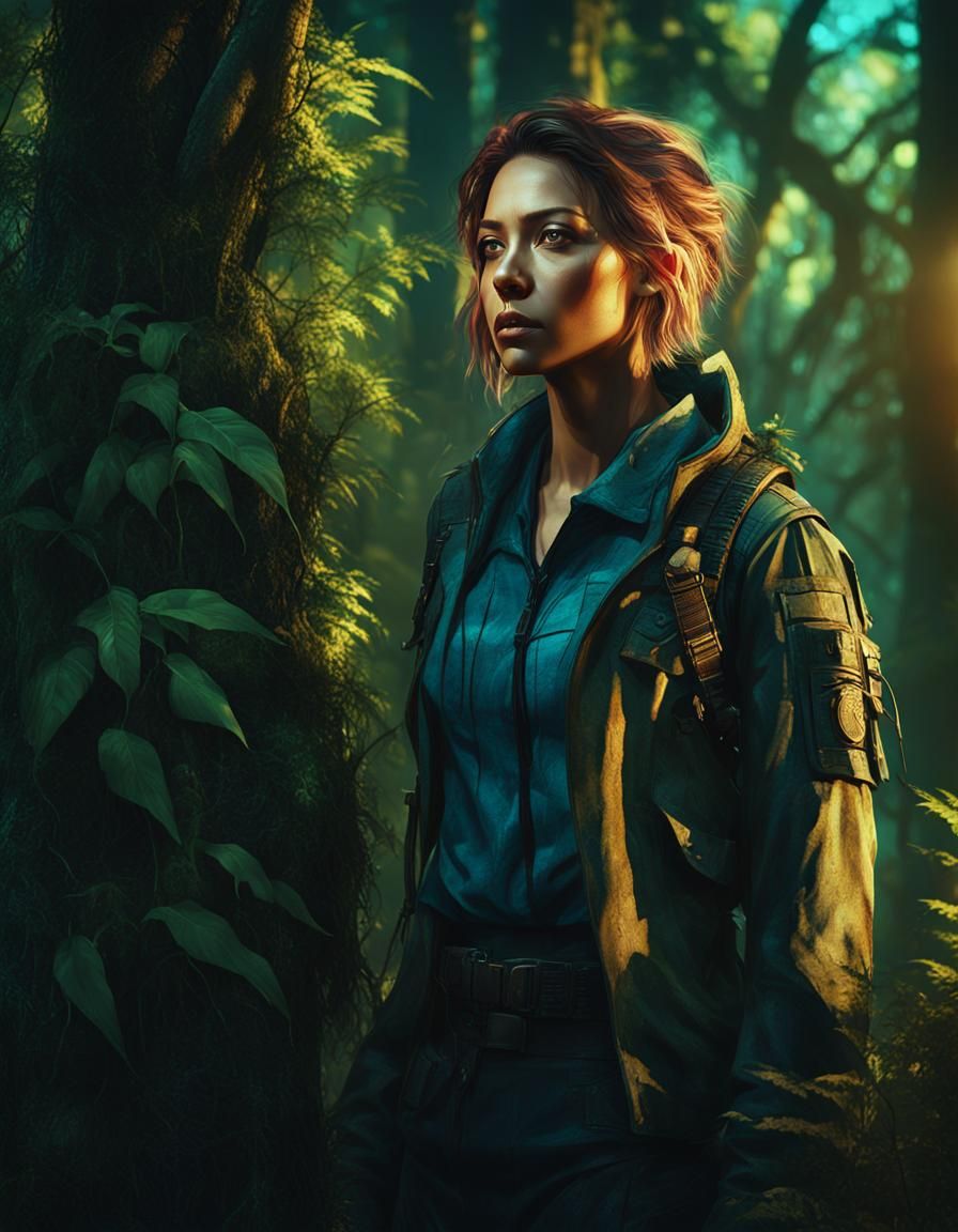 Woman in Overgrown Forest: Post-Apocalyptic Fantasy Art
