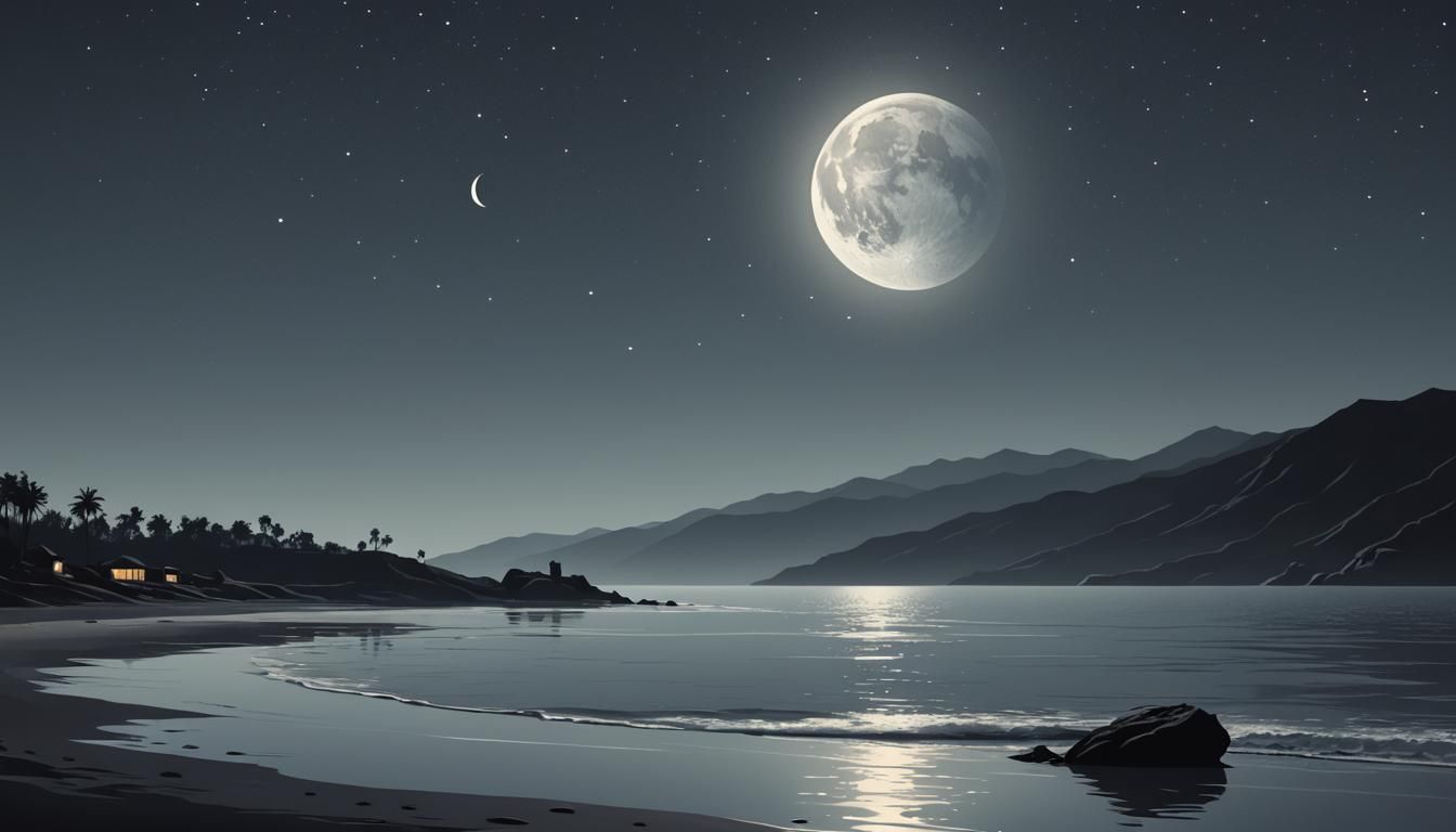 Minimalist Seashore Landscape with Crescent Moon