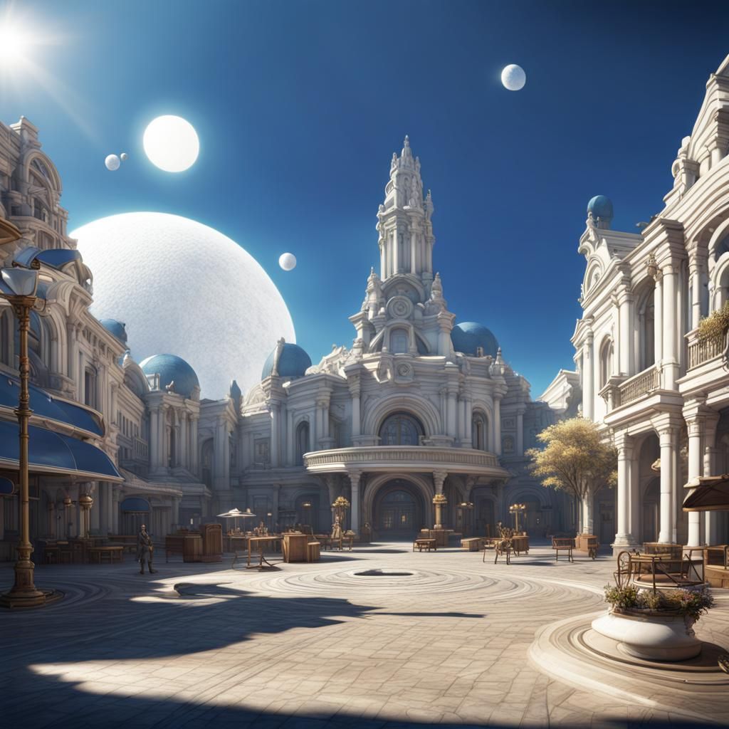 Futuristic Town Square Beneath Deep Blue Sky