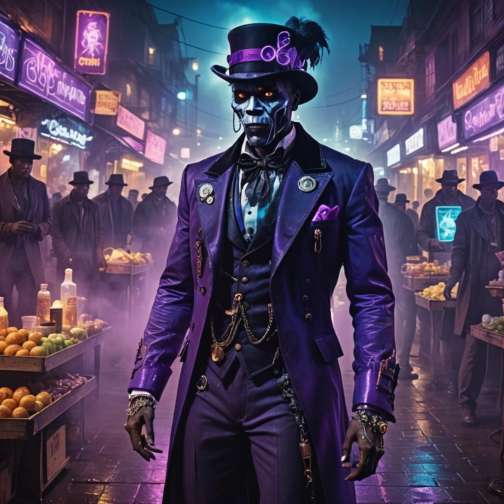 Baron Samedi in Cyberpunk Neon Cityscape