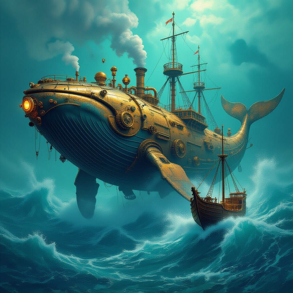 Steampunk Whale Devours Ship in Vivid Abstract Art
