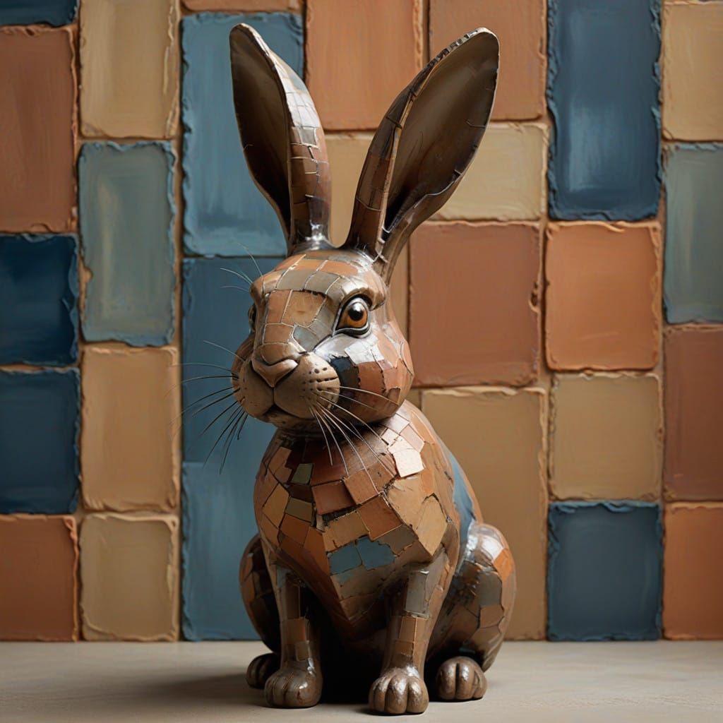Rustic Clay Rabbit in Abstract Baroque Landscape