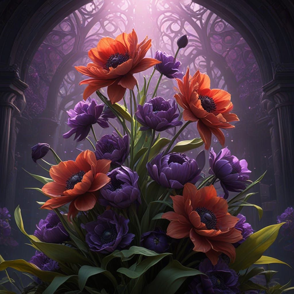 Epic Dark Fantasy Floral Bouquet in Vibrant Crimson and Viol...