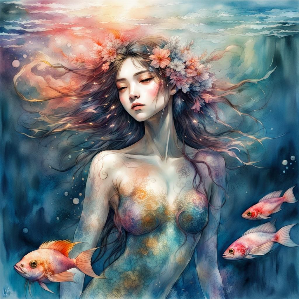 Japanese Mermaid in Night Lake, Watercolor Art