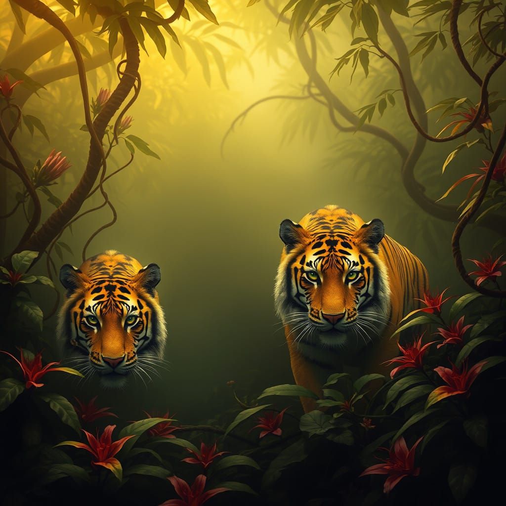 Mystical Yellow Tigers in Jungle Shadows