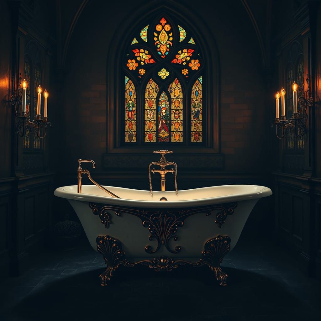 Gothic Bath Tub in a Dimly Lit Cathedral-Style Bathroom