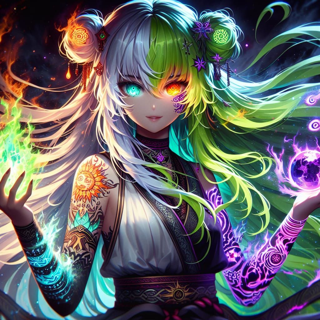 Anime Elementalist Radiating Cosmic Energy in Matte Painting