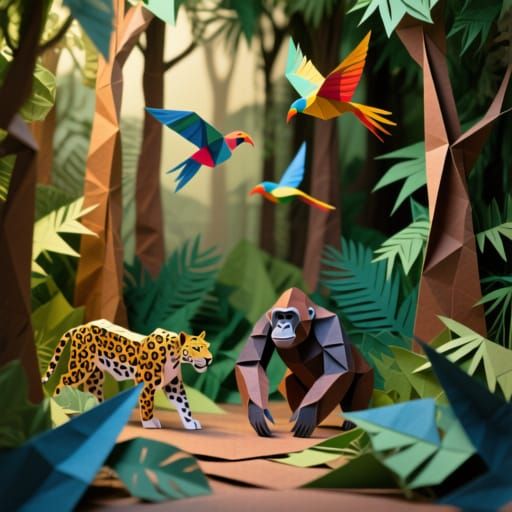 Vibrant Origami Jungle with Exotic Birds and Animals
