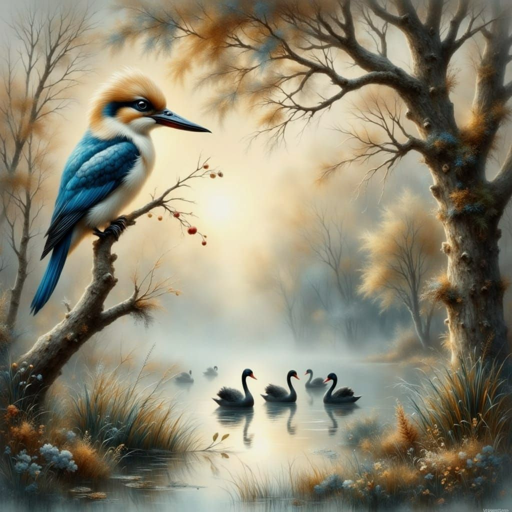 Misty Australian Dawn with Kookaburra and Black Swans