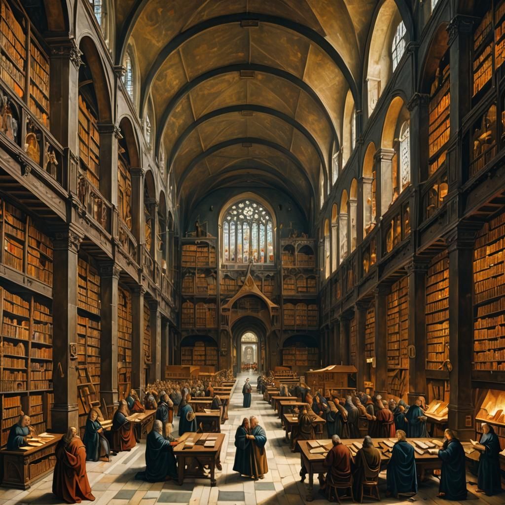 Grandiose Medieval Library as Oil Painting