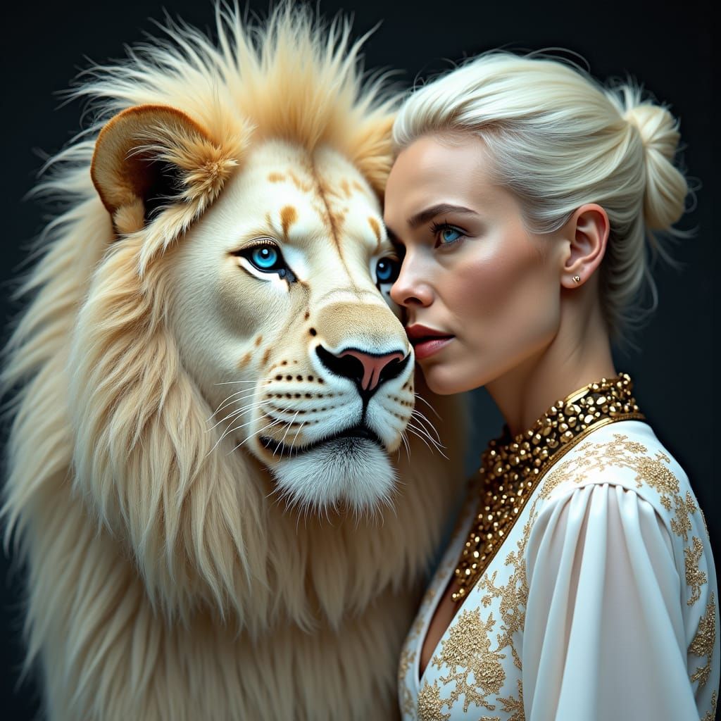 Lion with Piercing Blue Eyes and Golden Woman