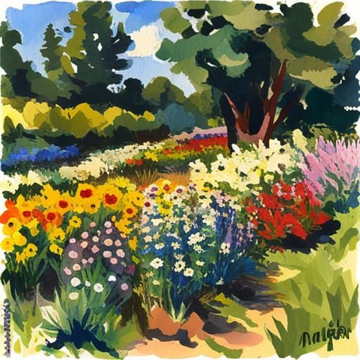 Summer Wildflower Garden: Gouache Impressionist Masterpiece