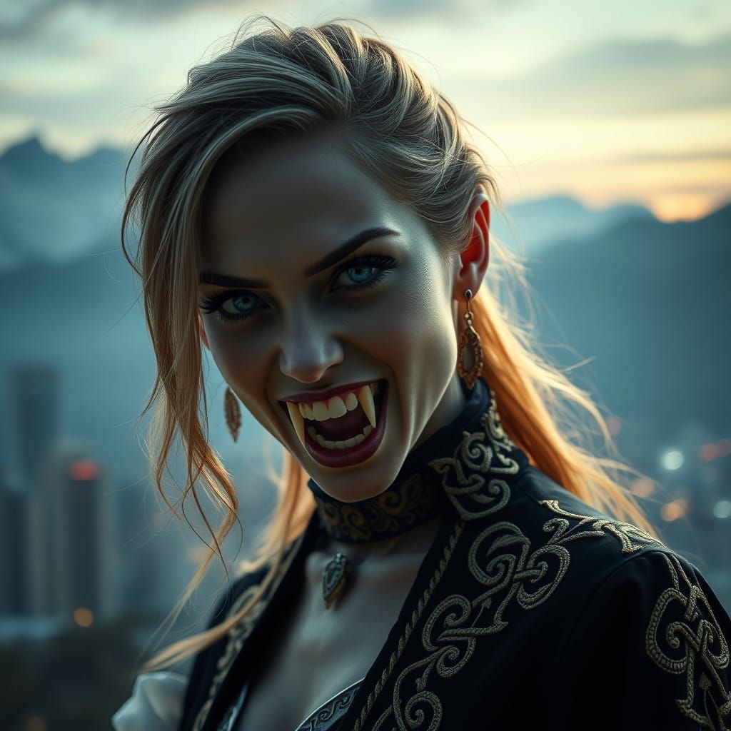 Ethereal Vampire Goddess Amidst a Vibrant Cityscape