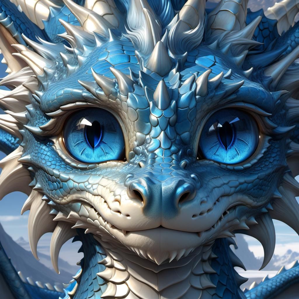 Sad Blue Dragon Portrait with Large Eyes