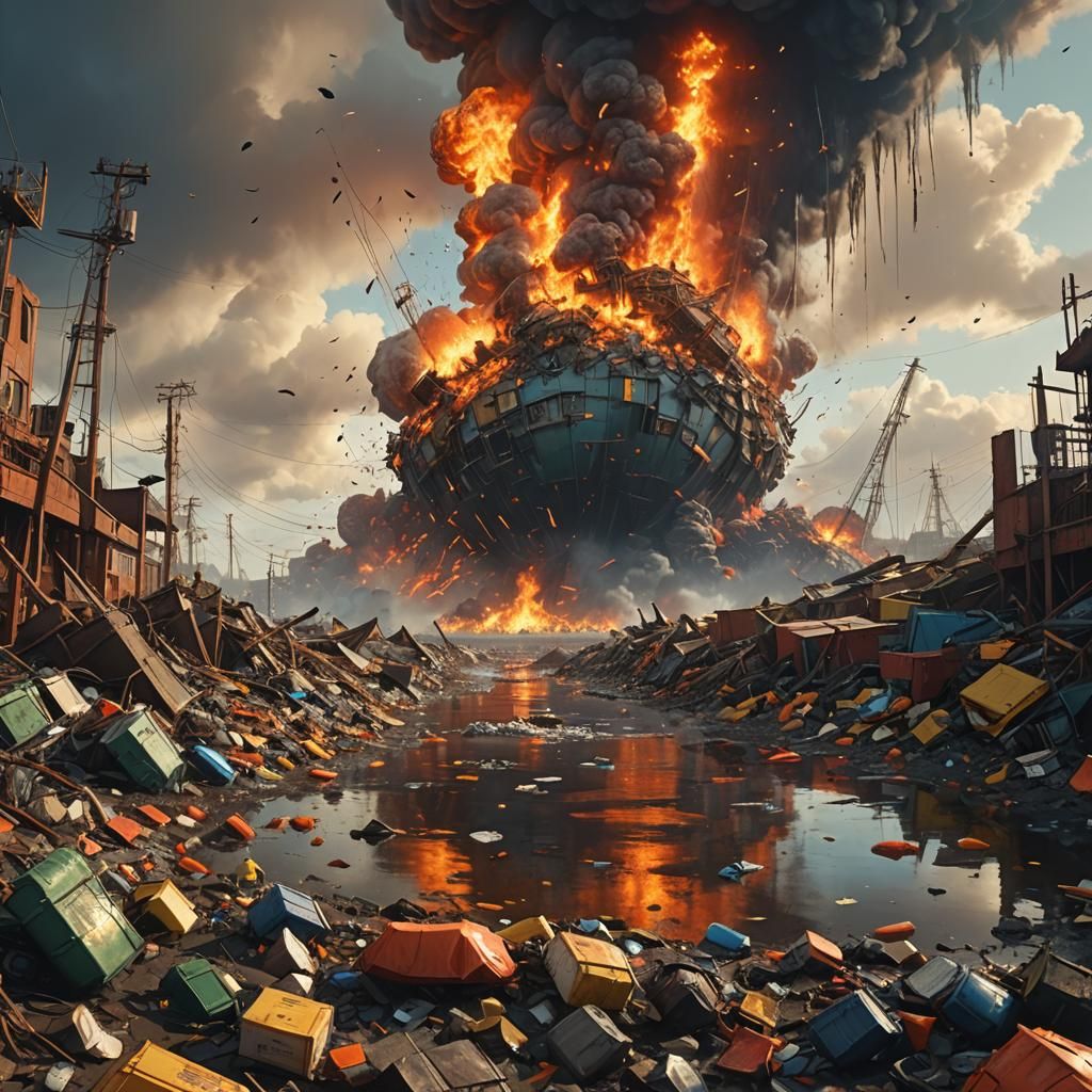 Earth Ablaze Amidst Plastic Sea, a Digital Matte Painting