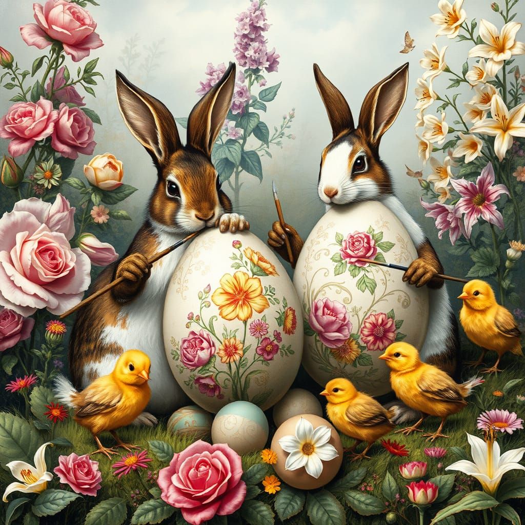 Rabbits and Chicks Painting Easter Eggs, Fairy Tale Style