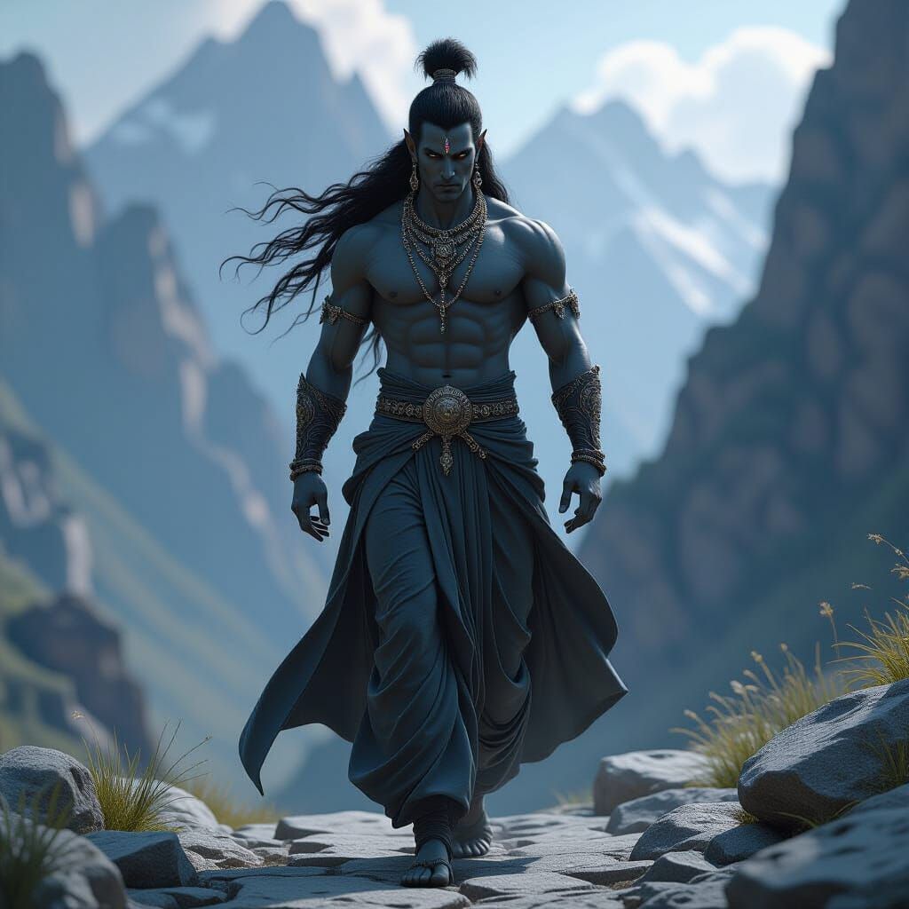 Powerful Grey Djinn in Mountain Pass, Digital Art