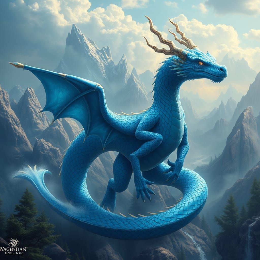 Majestic Blue Dragon in Fantasy Matte Painting Style