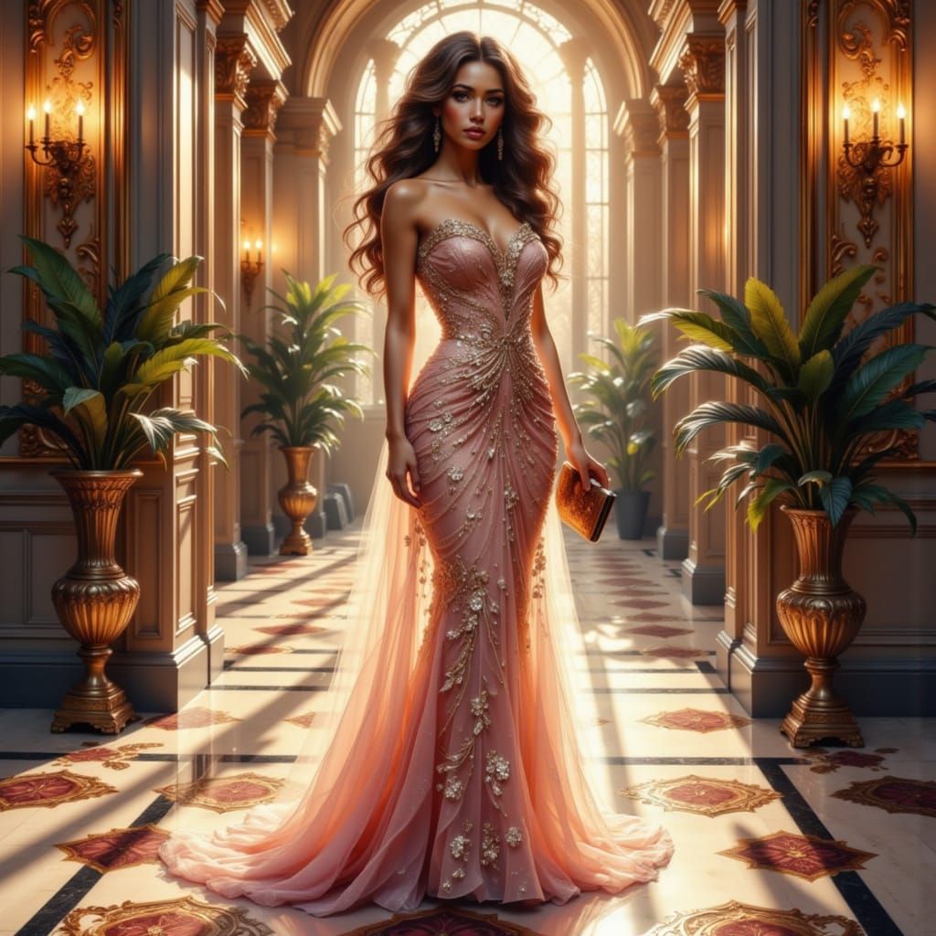 Elegant Woman in Diamond Gown at Hotel Foyer