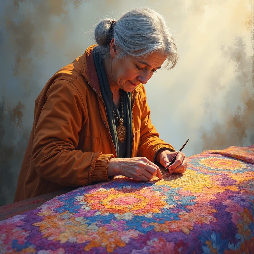 Matte Painting of a Quilting Scene with Earthy Tones and Shi...