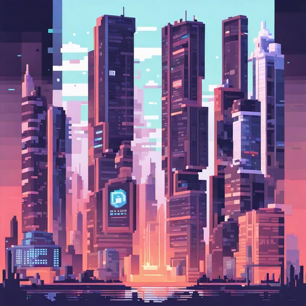 Modern Pixel Art Cityscape with Logo