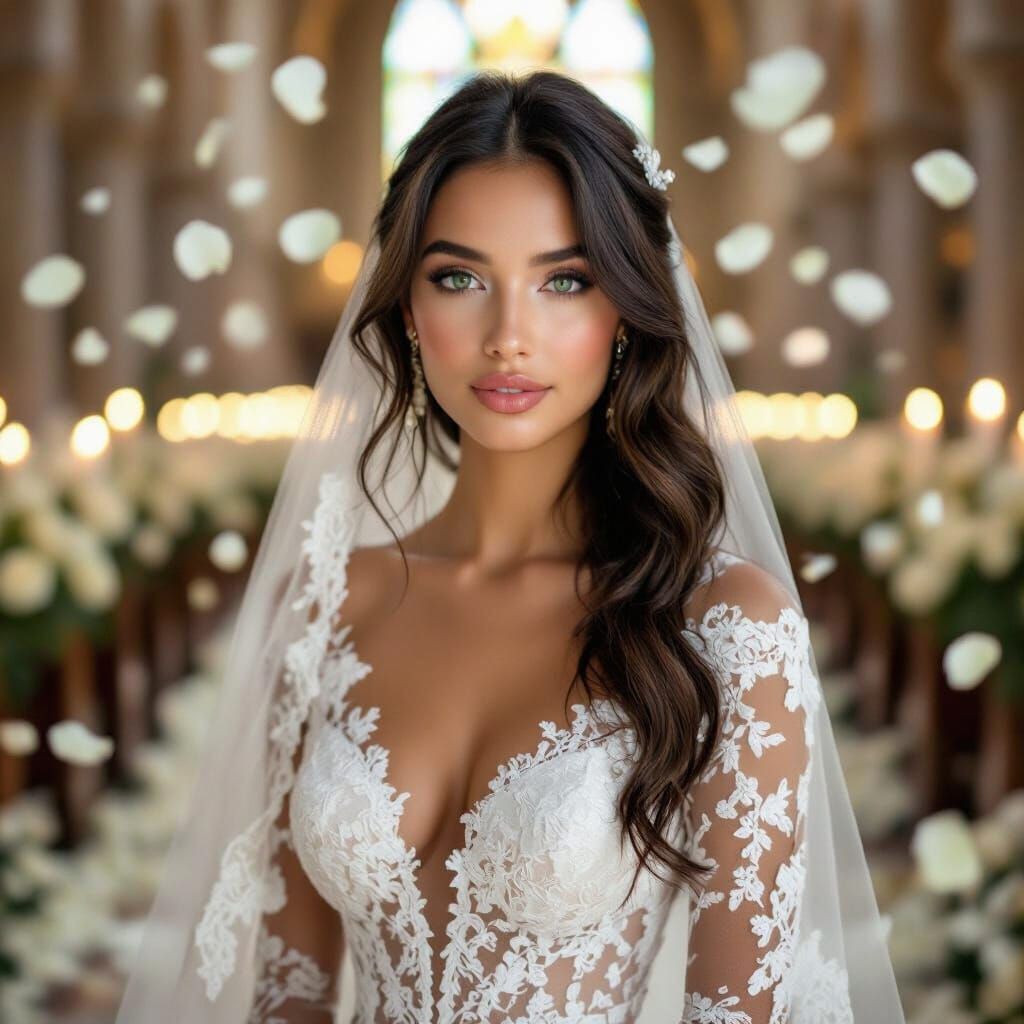 Woman in Cathedral with Roses and Candles