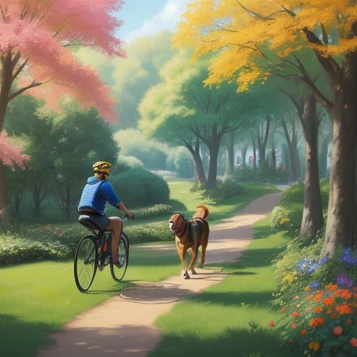Dogs Cycling Through a Sunny Park in Oil Painting Style