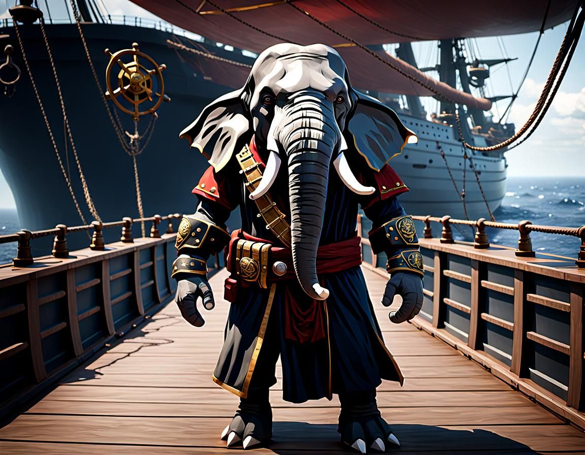 Elephant Pirate Ready for Battle on Ship Deck