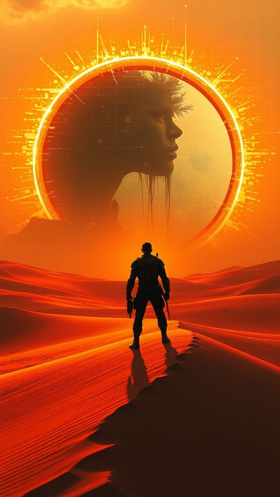Cinematic Sci-Fi Warrior Amidst Pixelated Portal