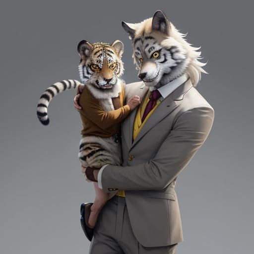 Wolf Gentleman Holding Leopard Cub, Anime Style