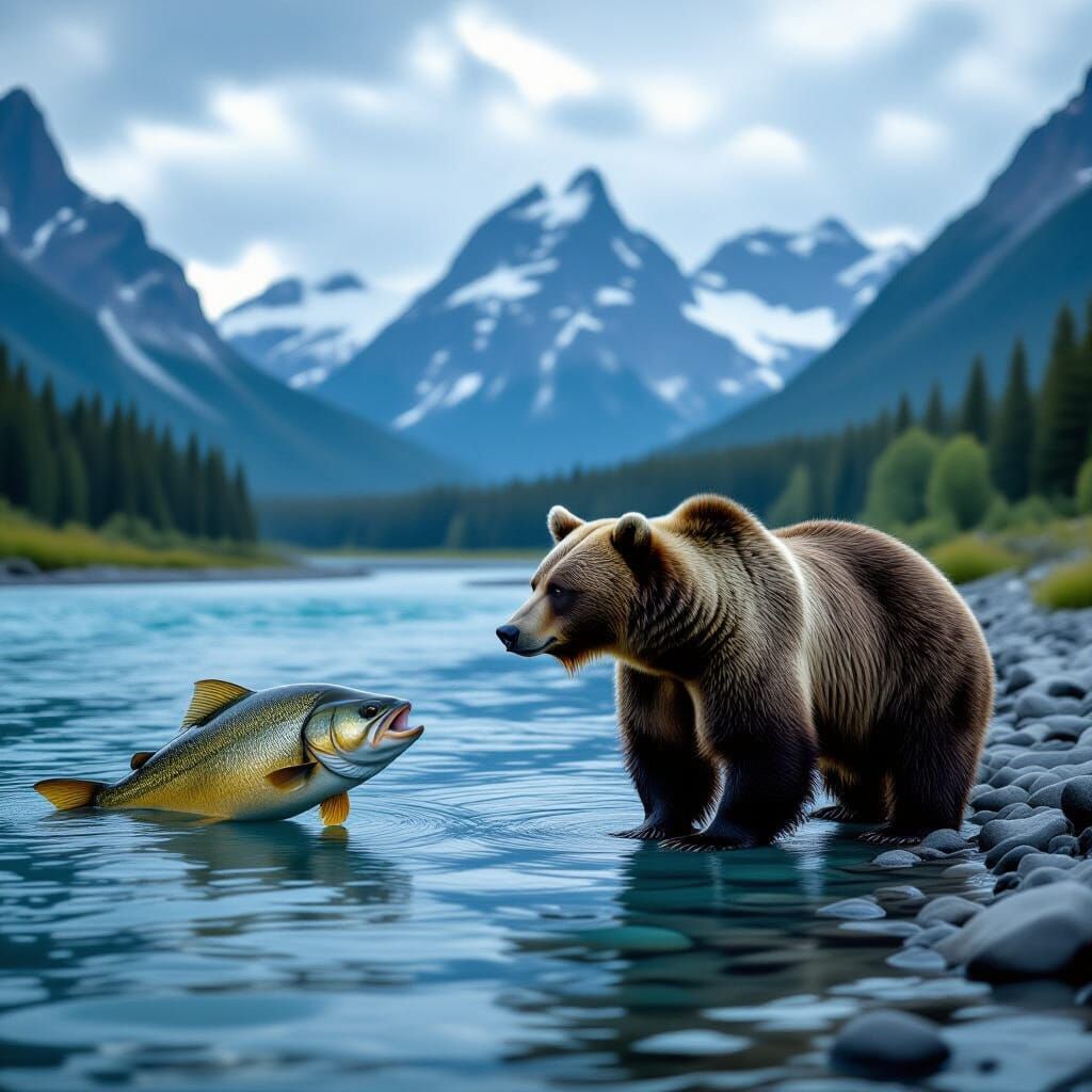 Bear and Fish by Mountain River Cinematic Film Still