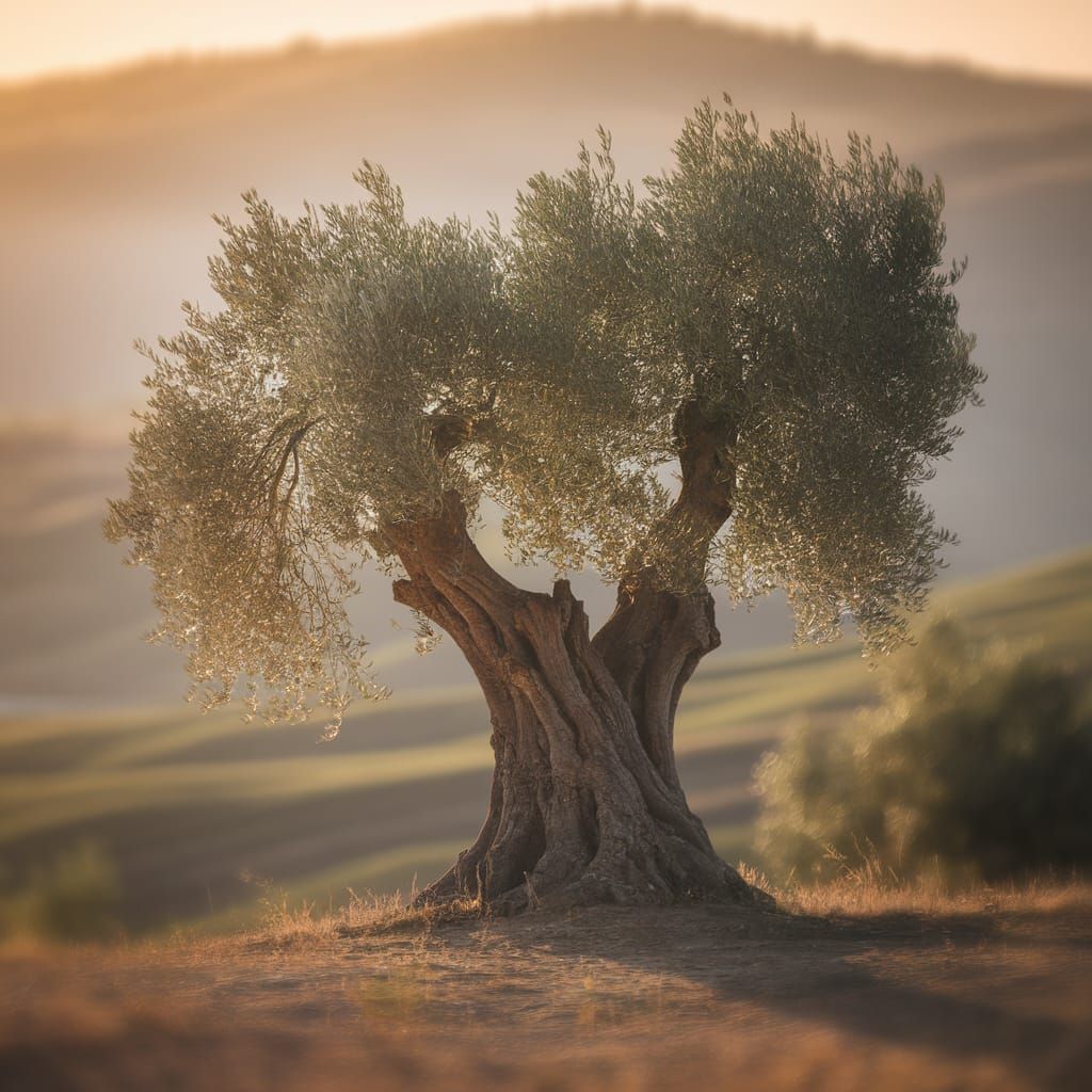 Ancient Olive Tree in Golden Tuscan Light, Impressionist Sty...