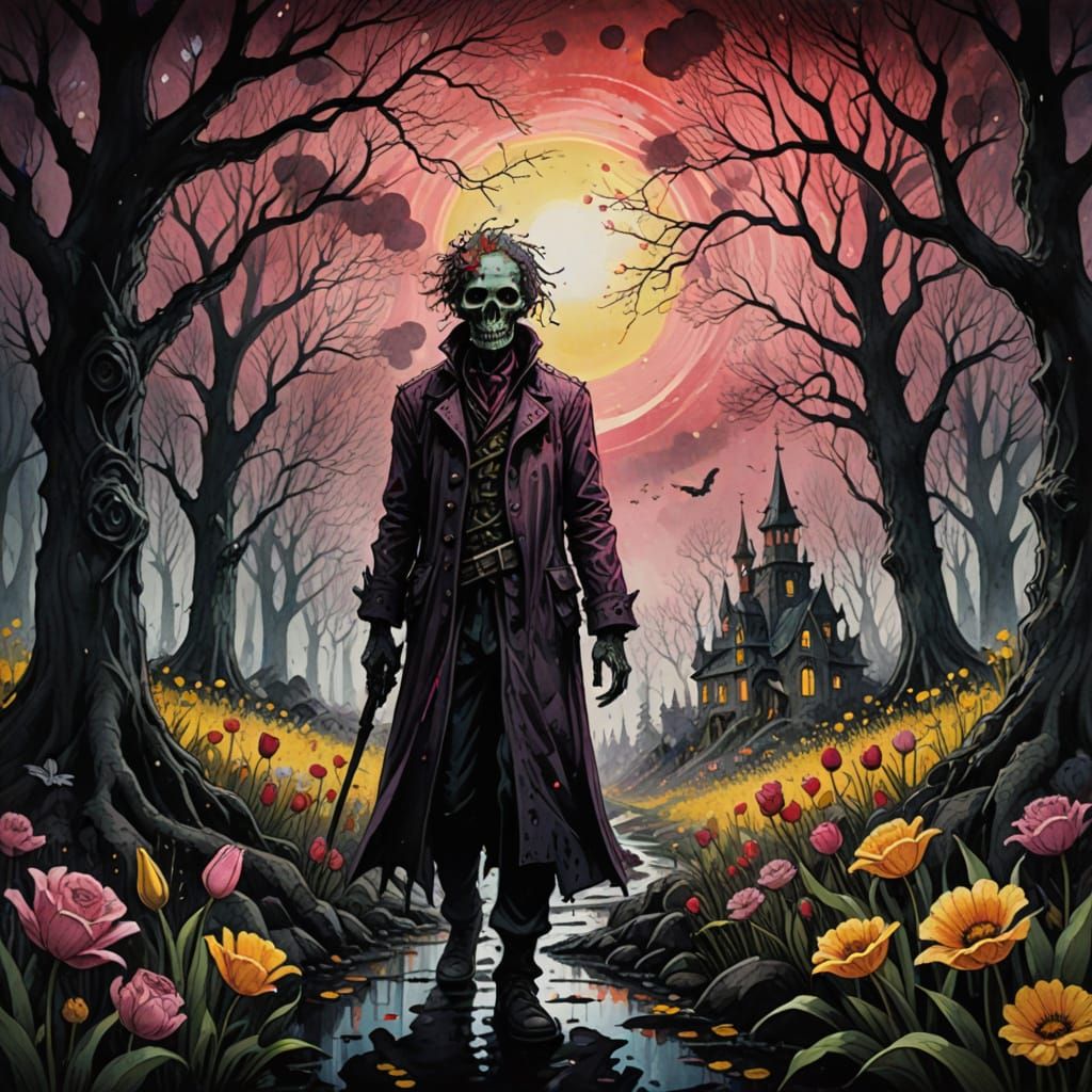 Magical trees, flower zombie, dark sketch, dark outlines, detailed drawing, oil painting within the lines, multiple colo...