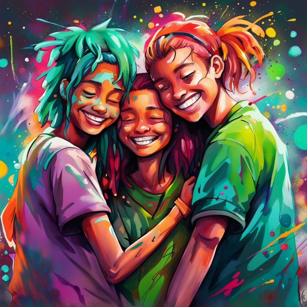 Friends Embrace in a Meadow: Graffiti Art Style