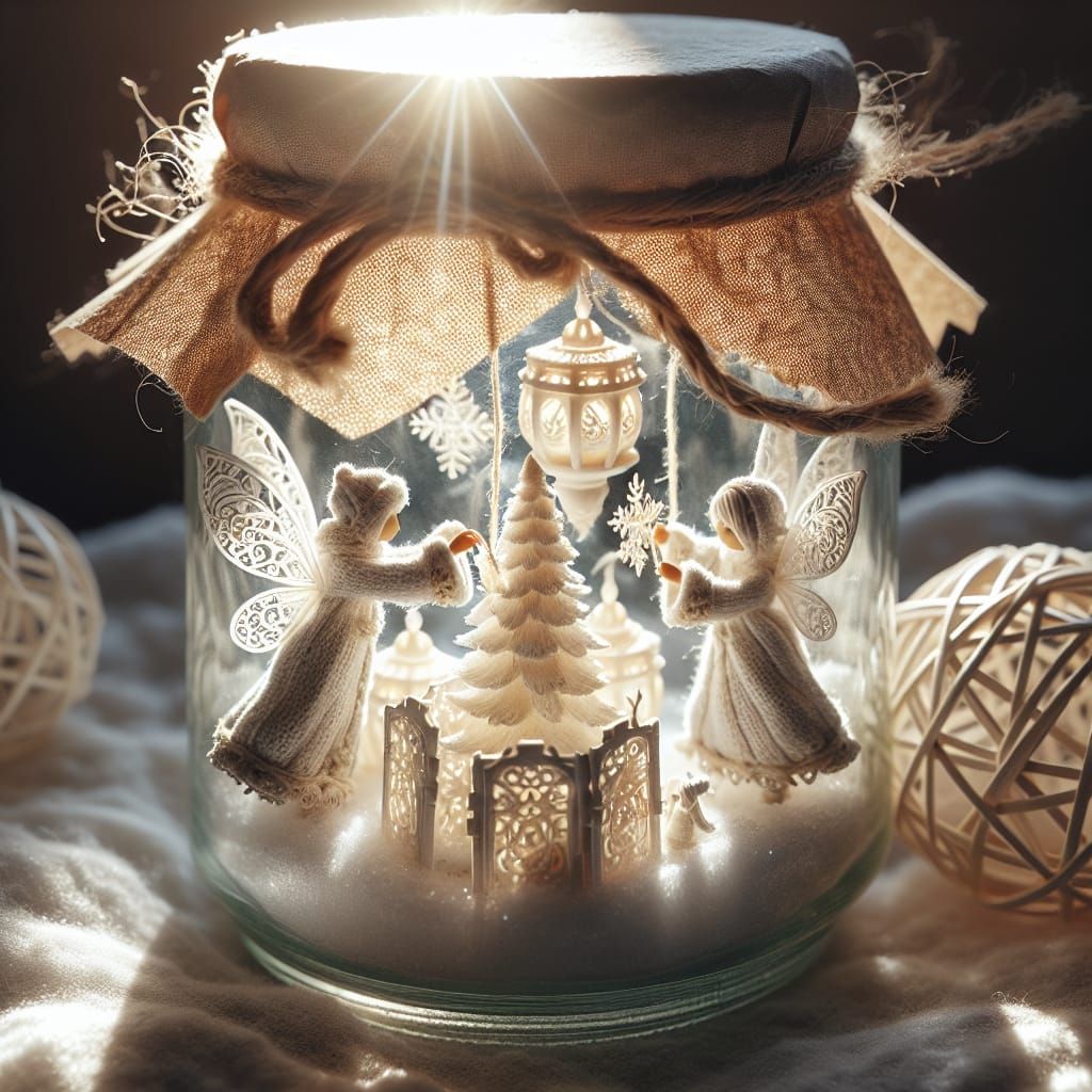 Snow Fairies Decorating Christmas Tree in Glass Jar