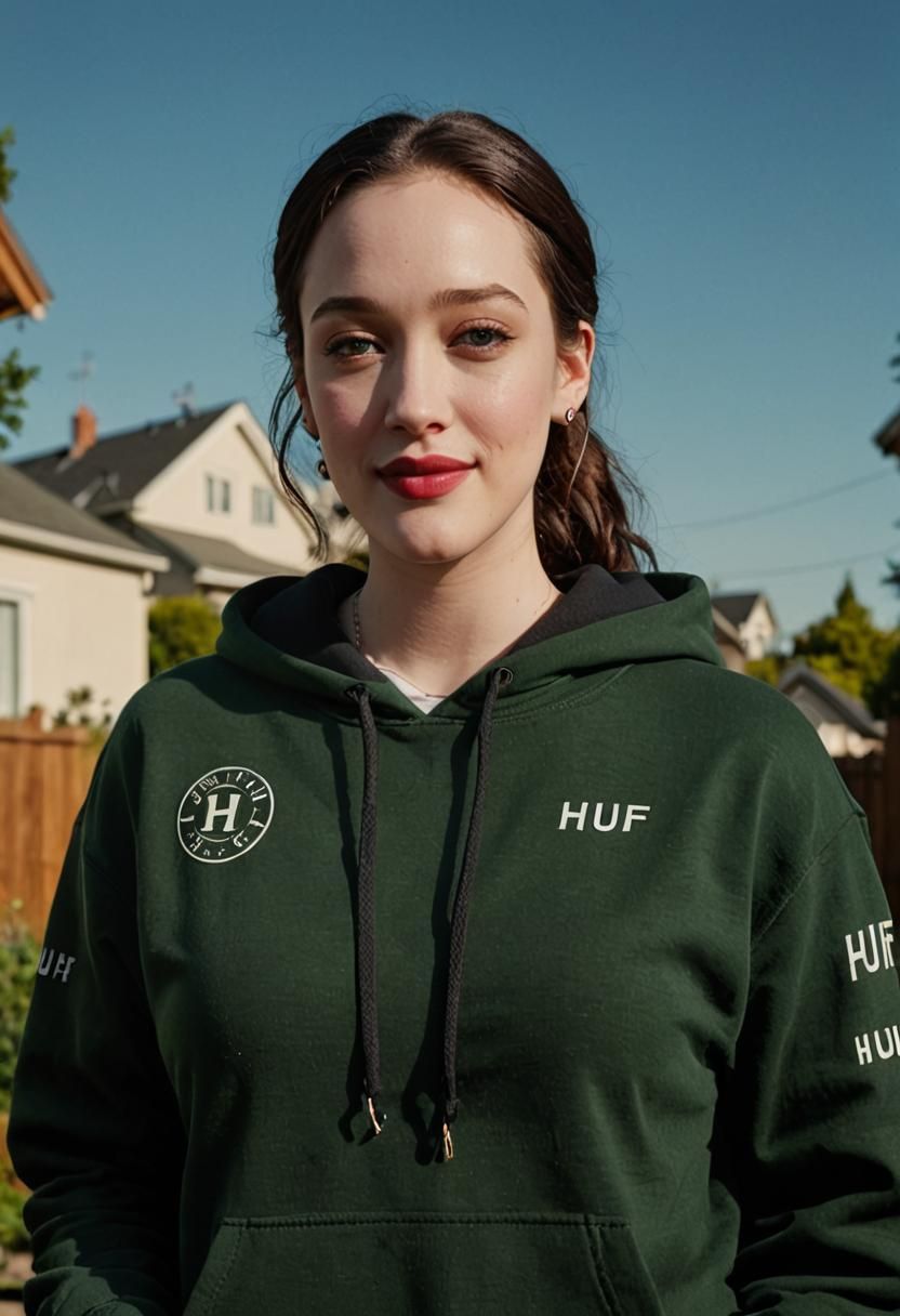Kat Dennings in Varsity Jacket at Backyard Party