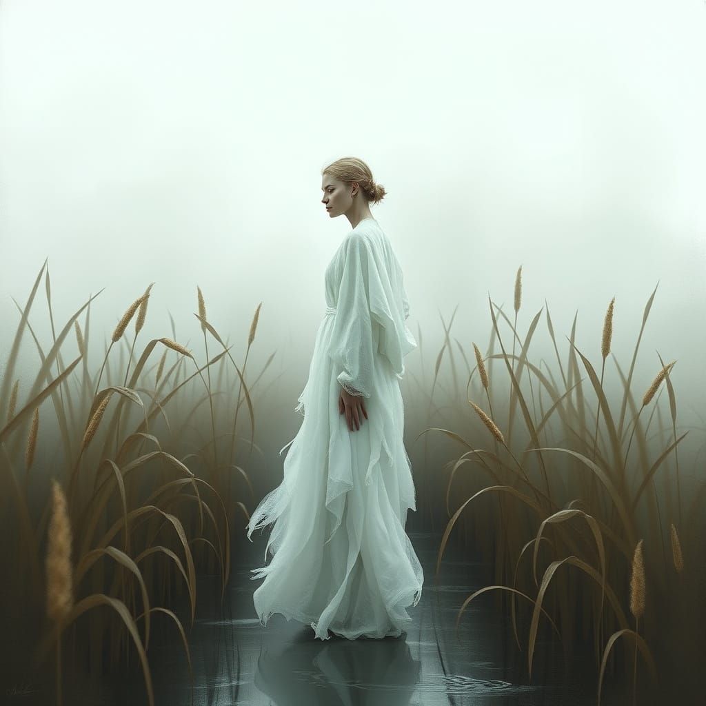 Ethereal Swan Maiden in Misty Reeds, Fantasy Art
