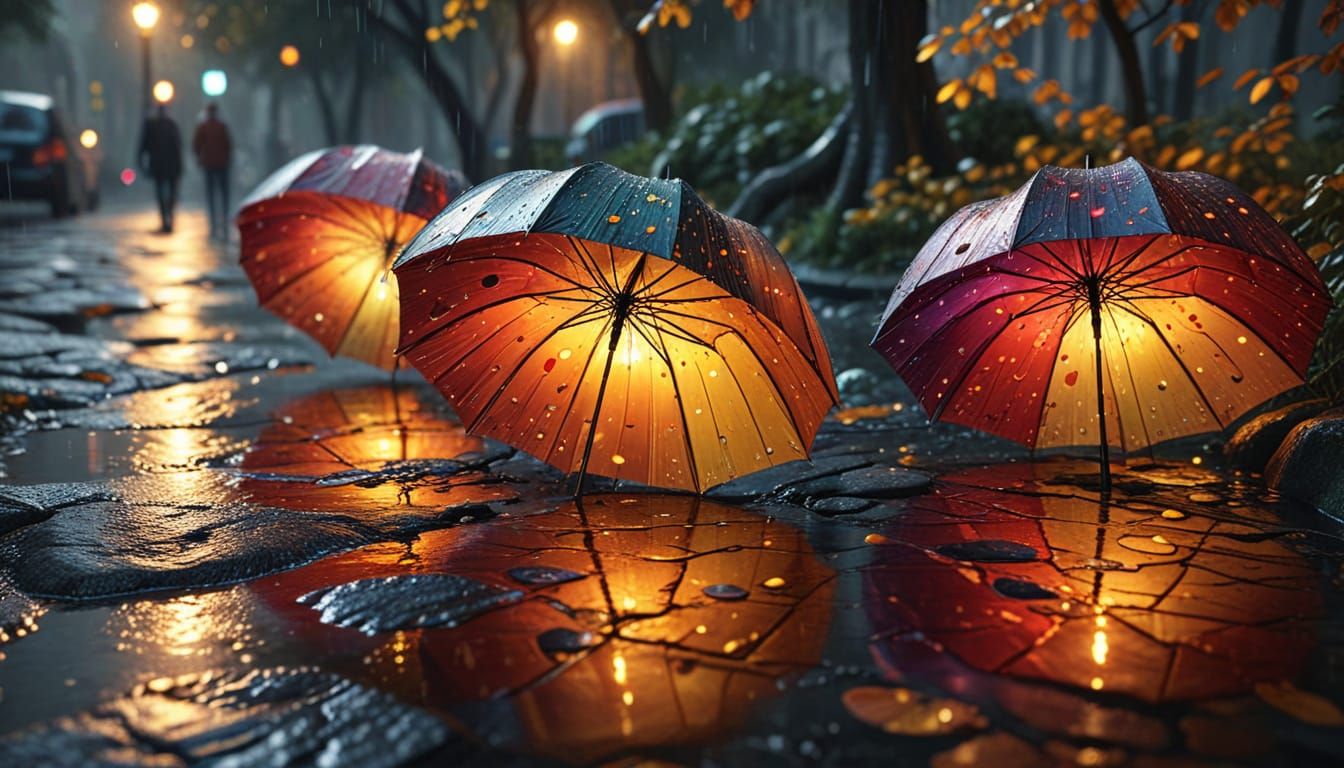 Rainy Umbrellas: Surreal Vibrant Oil Painting