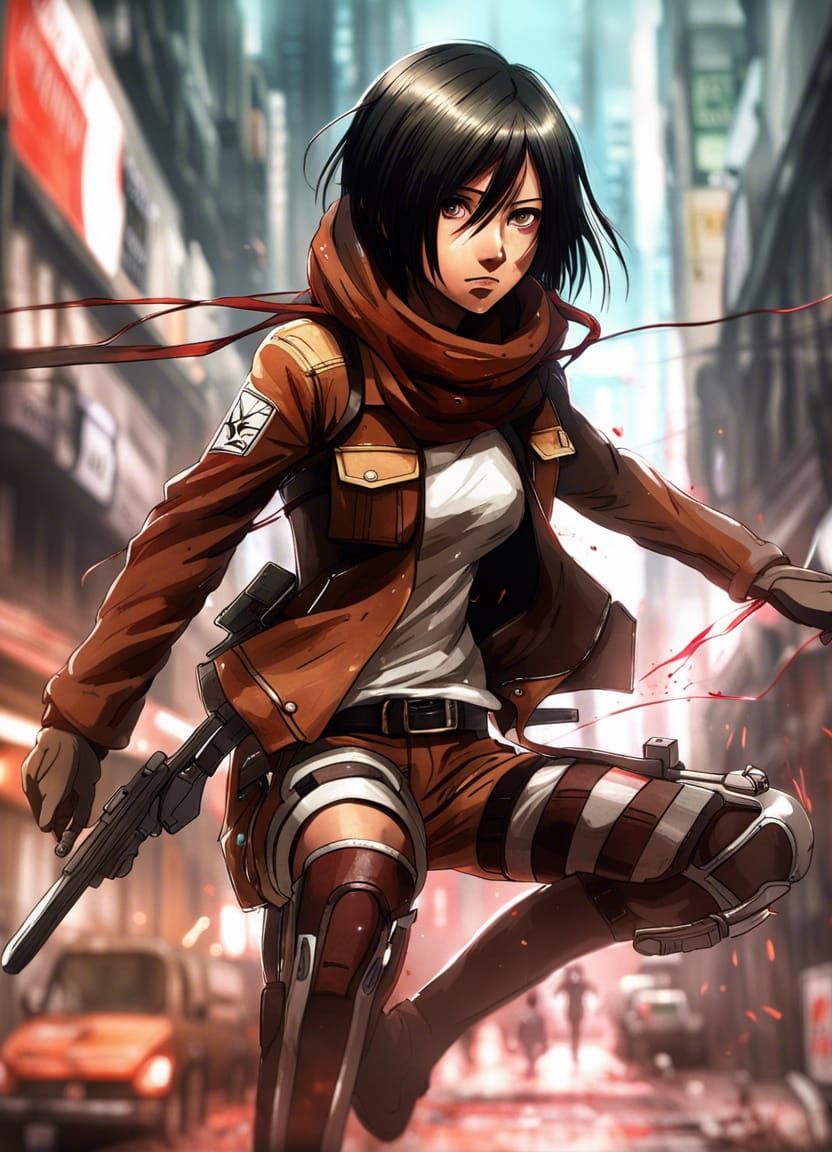 Cyberpunk Mikasa Ackerman Action Shot in Anime Style