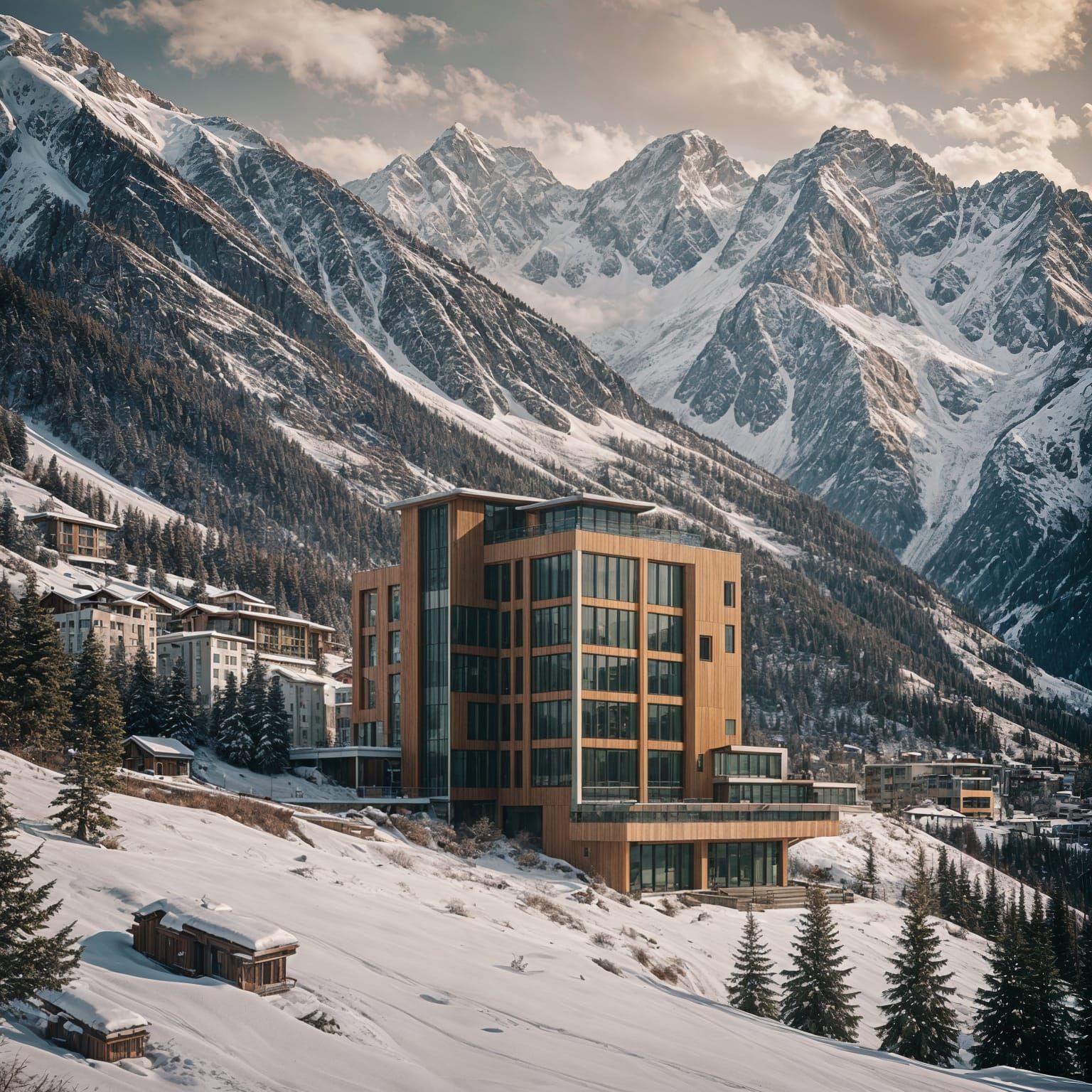 Modern Building Among Mountains: Cinematic Film Still