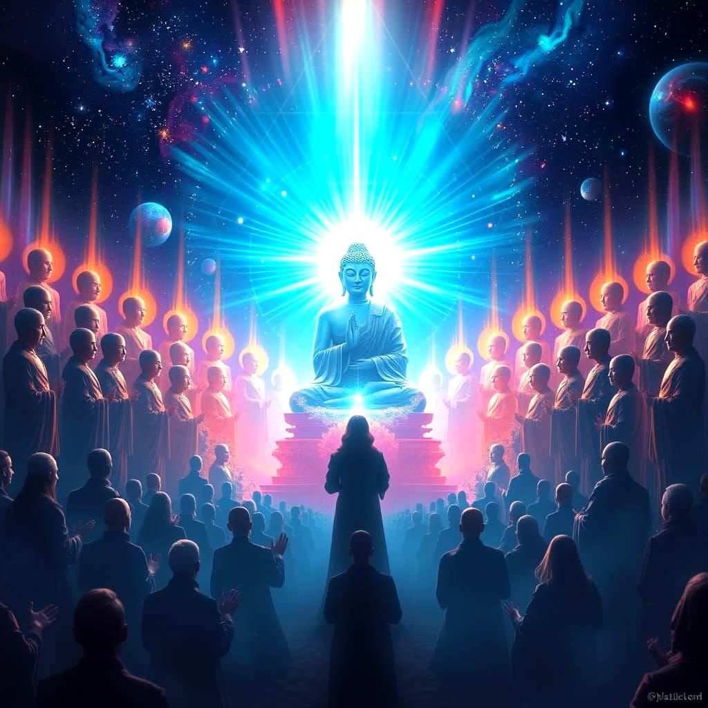 Buddha Approaches Masters in Cosmic Gathering