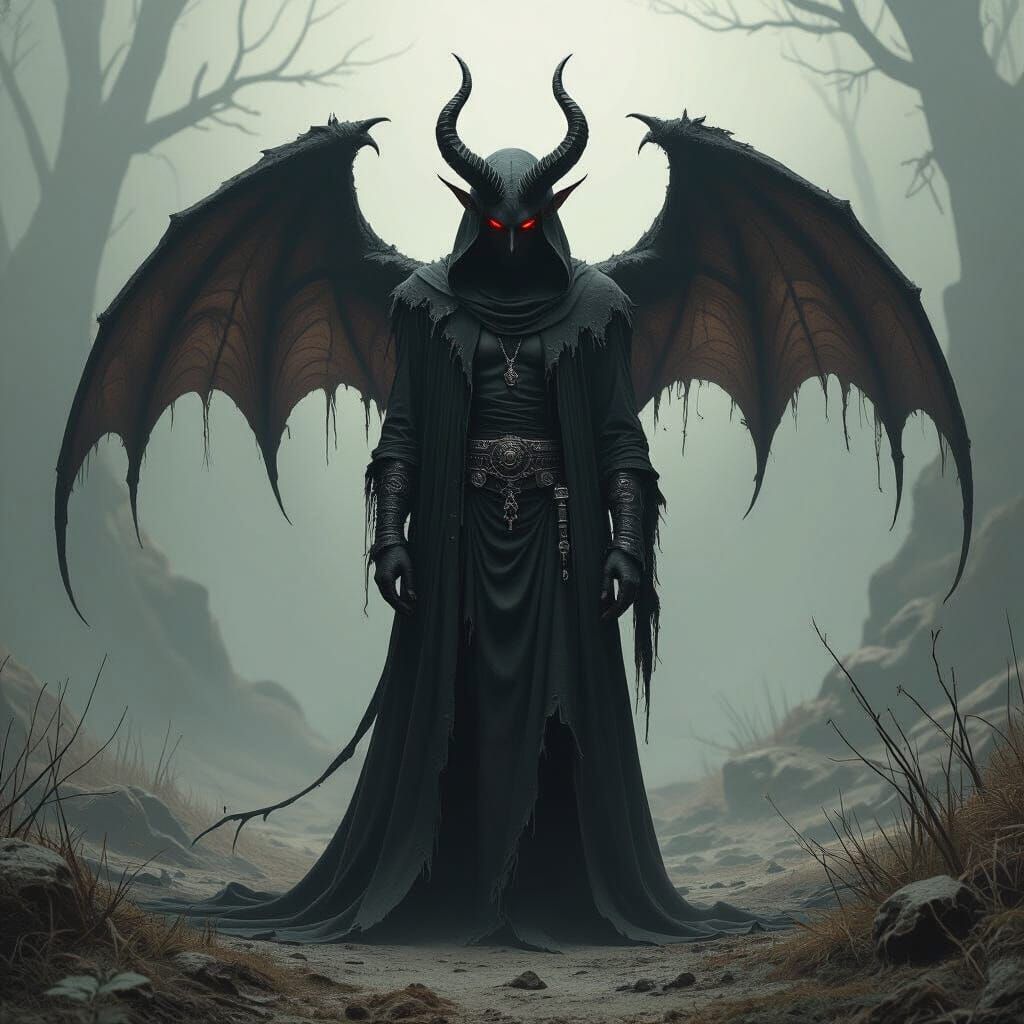 Dark Devil Figure in Eerie Mystical Realm