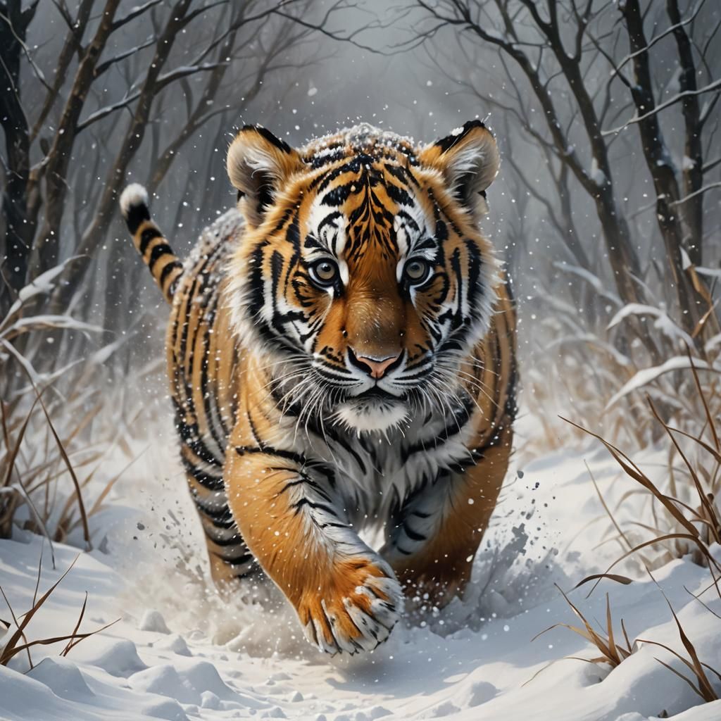 Magical Tiger Cub in Snowstorm: Fantasy Concept Art