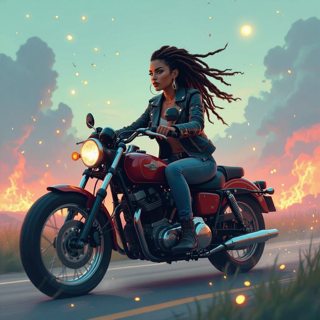 Woman on Motorcycle in Surreal Dreamscape
