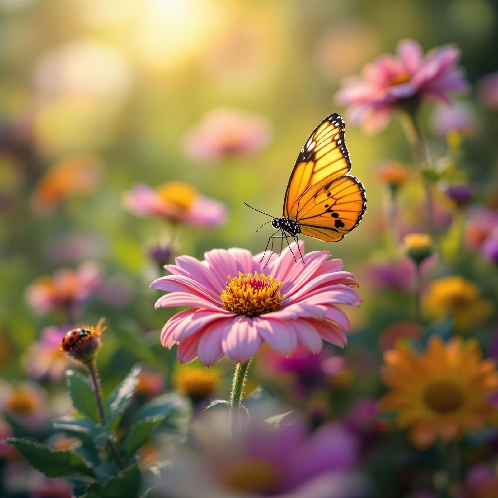 Butterfly and Flowers in Summer Garden