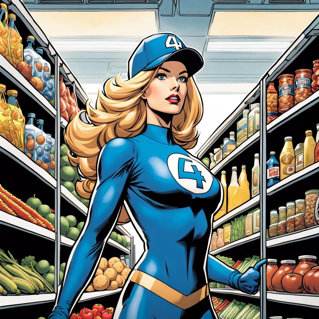 Invisible Woman Shopping in Hyperdetailed Comic Style